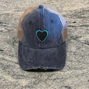 New Custom Designed Blue & Tan Mesh Trucker Hat with Teal & Black Heart